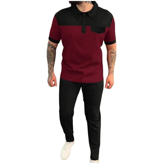 Stamzod Mens Summer Outfits 2 Piece Fashion Patchwork Turndown Short Sleeve Shirts and Pants Set Plus Size Daily Casual Slim Fit Stretch Sweatsuits for Men Wine S