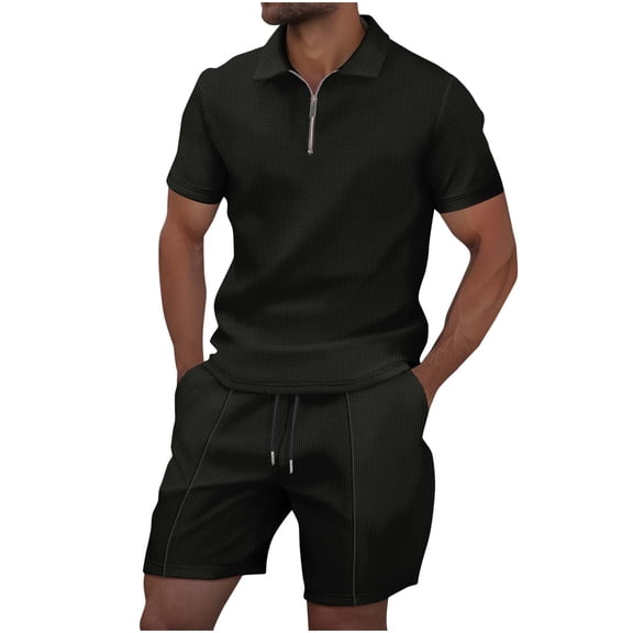 Stamzod Mens Summer Outfits 2 Piece Short Sleeve Turndown Shirts and Shorts Set Loungewear Casual Loose Plus Size Sweatsuits for Men Black B XL
