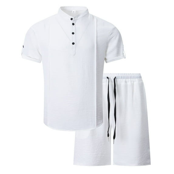 Stamzod Mens Summer Outfits 2 Piece Solid Color Stand-Up Short Sleeve Shirts and Shorts Set Daily Casual Loose Plus Size Sweatsuits for Men White S