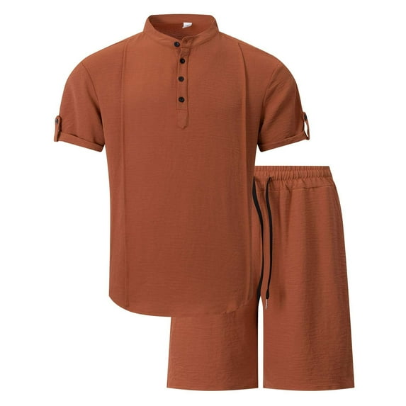 Stamzod Mens Summer Outfits 2 Piece Solid Color Stand-Up Short Sleeve Shirts and Shorts Set Daily Casual Loose Plus Size Sweatsuits for Men Brown L