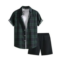 Stamzod Mens Summer Outfits 2PC Fashion Plaid Printed Short Sleeve Shirts and Shorts Set Daily Casual Short Sets for Men Green S