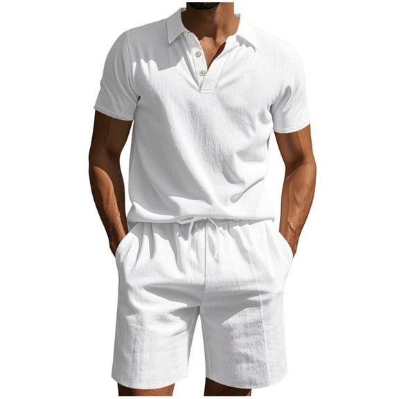 Stamzod Mens Summer Outfits Solid Color Cotton and Linen Turndown Shirt and Shorts Daily Casual Loose Plus Size Lightweight Short Sets for Men with Pocket White S
