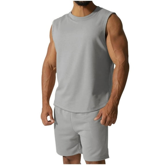 Stamzod Mens Track Suits 2 Piece Set Fashion Solid Color Summer Sleeveless Workout Tank Tops and Shorts Casual Loose Plus Size Gym Sweatsuits for Men Gray L