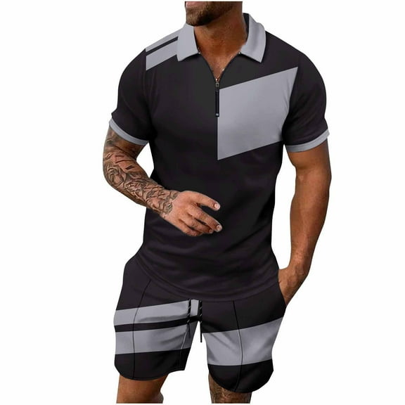 Stamzod Mens Track Suits 2 Piece Set Summer Short Sleeve Turndown Shirts and Shorts Casual Loose Plus Size Outfits for Men Silver S