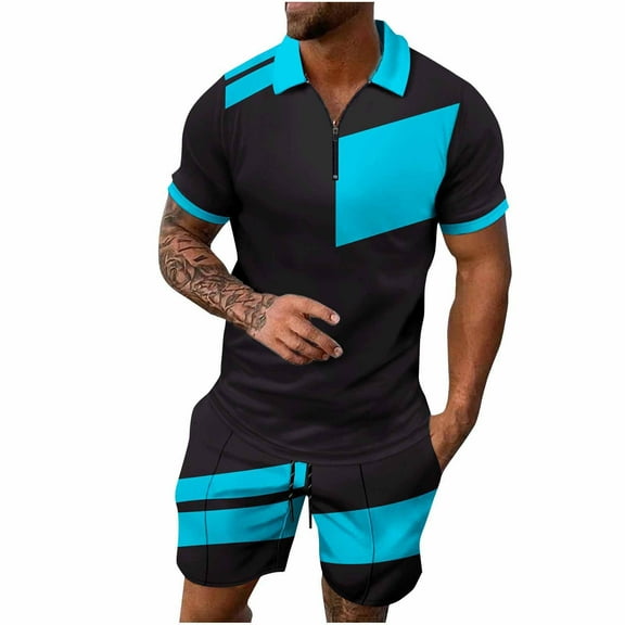 Stamzod Mens Track Suits 2 Piece Set Summer Short Sleeve Turndown Shirts and Shorts Casual Loose Plus Size Outfits for Men Sky Blue XL