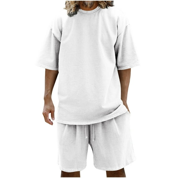 Stamzod Mens Track Suits 2 Piece Set Summer Solid Color Short Sleeve Tshirt and Shorts Casual Loose Plus Size Workout Running Short Sets for Men with Pocket White L