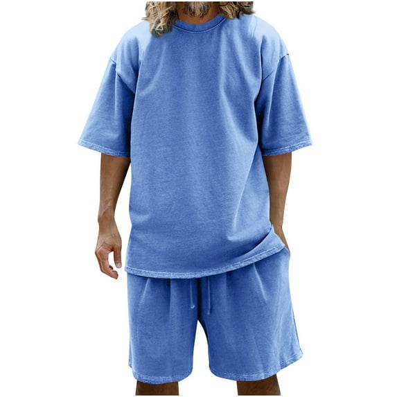 Stamzod Mens Track Suits 2 Piece Set Summer Solid Color Short Sleeve Tshirt and Shorts Casual Loose Plus Size Workout Running Short Sets for Men with Pocket Light Blue XL