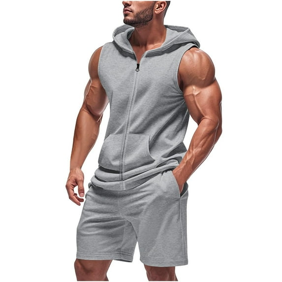 Stamzod Mens Track Suits 2 Piece Set Summer Solid Color Sleeveless Hoodie and Shorts Casual Loose Plus Size Workout Sweatsuits for Men with Zipper Gray L