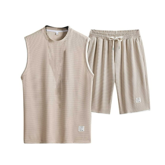 Stamzod Mens Track Suits 2 Piece Set Summer Solid Color Sleeveless Workout Tank Tops and Basketball Shorts Casual Loose Plus Size Running Short Sets for Men Khaki XXXL