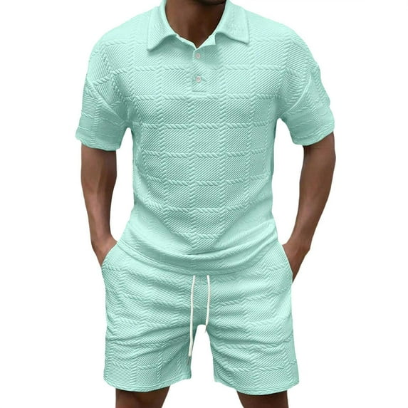 Stamzod Mens Track Suits 2 Piece Set Summer Solid Color Turndown Short Sleeve Shirts and Shorts Loungewear Daily Casual Loose Outfits for Men with Pocket Mint Green M