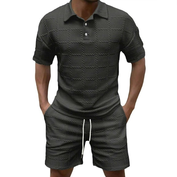 Stamzod Mens Track Suits 2 Piece Set Summer Solid Color Turndown Short Sleeve Shirts and Shorts Loungewear Daily Casual Loose Outfits for Men with Pocket Black S