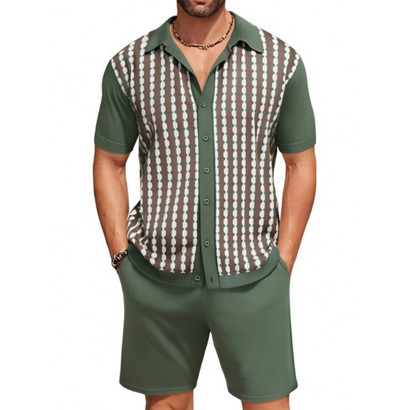 Stamzod Mens Vacation Outfits 2 Piece Summer Plus Size Short Sleeve Button Down Shirt and Shorts Set Casual Loose Beach Short Sets for Men with Pocket Green L