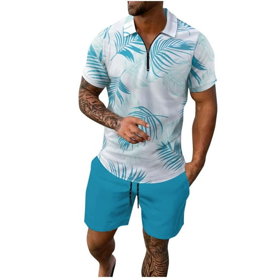 Stamzod Mens Vacation Outfits 2 Piece Summer Short Sleeve Turndown Hawaiian Shirts and Shorts Sets Casual Loose Plus Size Beach Outfits for Men Blue L