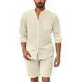 thumbnail image 1 of Stamzod Mens Vacation Outfits 2 Piece Summer Solid Color Long Sleeve Shirts and Shorts Set Casual Loose Beach Sweatsuits for Men with Pocket Beige B XL, 1 of 5