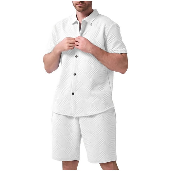 Stamzod Mens Vacation Outfits 2 Piece Summer Solid Color Short Sleeve Button Down Shirt and Shorts Outfits Daily Casual Loose Beach Short Sets for Men White L