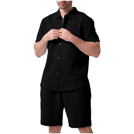 Stamzod Mens Vacation Outfits 2 Piece Summer Solid Color Short Sleeve Button Down Shirt and Shorts Outfits Daily Casual Loose Beach Short Sets for Men Black L