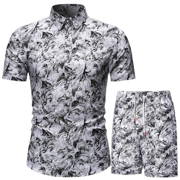 Stamzod Mens outfit Set Short Sleeve Shirts And Shorts 2 Piece Retro Print Short Set Slim Button Up Hawaiian Shirt Suits