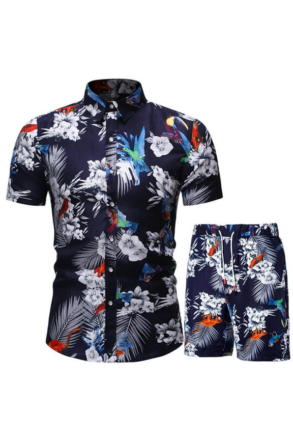 Mens outfit Set Short Sleeve Shirts And Shorts 2 Piece Retro Print Short Set Slim Button Up Hawaiian Shirt Suits