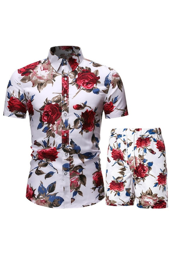 Mens outfit Set Short Sleeve Shirts and Shorts 2 Piece Retro Print Short Set Slim Button Up Hawaiian Shirt Suits
