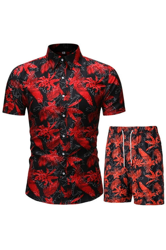 Mens outfit Set Short Sleeve Shirts and Shorts 2 Piece Retro Print Short Set Slim Button Up Hawaiian Shirt Suits