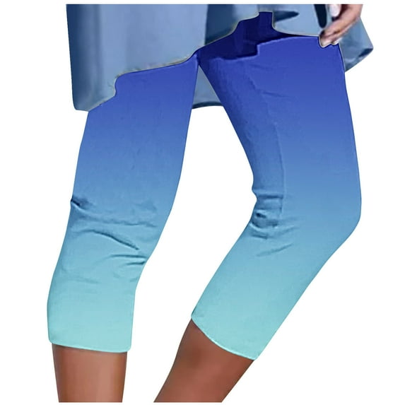 Stamzod Plus Size Capris for Women Fashion Gradient Printing Summer Stretch Waist Capri Leggings Casual Slim Fitting Workout Leggings for Women Blue M