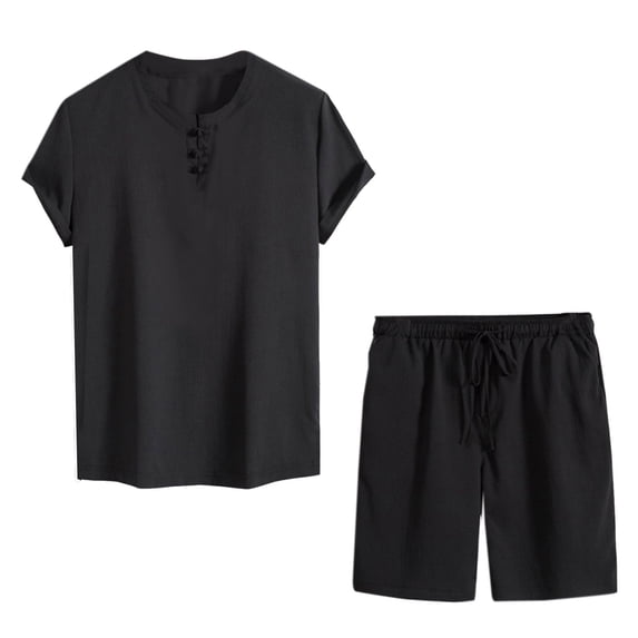 Summer Savings Clearance! Stamzod Plus Size Short Sets For Men 2 Piece Solid Button Down Short Sleeve Shirt Drawstring Pants Sets Cotton Comfy Holiday Causal Outfits