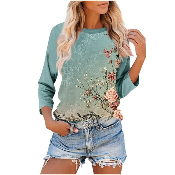 Stamzod Plus Size Spring Clothes for Women Fashion Floral Printing Crewneck Casual Pullover Tops Loungewear Summer Vintage Loose Blouses for Women Green B XL