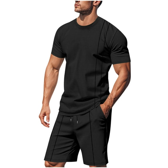 Stamzod Plus Size Sweatsuits for Men 2 Piece Solid Color Crew Neck Short Sleeve Tshirt and Shorts Loungewear Casual Summer Short Sets for Men with Pocket Black B XXXL