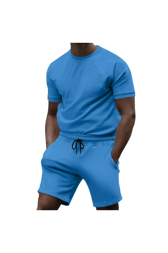 Plus Size Track Suit 2 Piece Summer Solid Color Short Sleeve Tshirts and Workout Shorts Set Activewear Casual Athletic Short Sets for Men with Pocket Light Blue M
