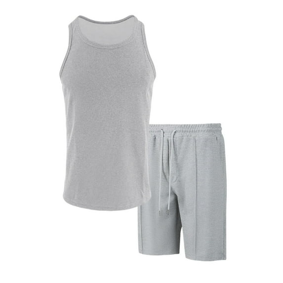 Stamzod Plus Size Track Suit with Pocket 2 Piece Summer Solid Color Crew Neck Sleeveless Tank Tops and Shorts Loungewear Casual Loose Fit Sweatsuits for Men Gray S