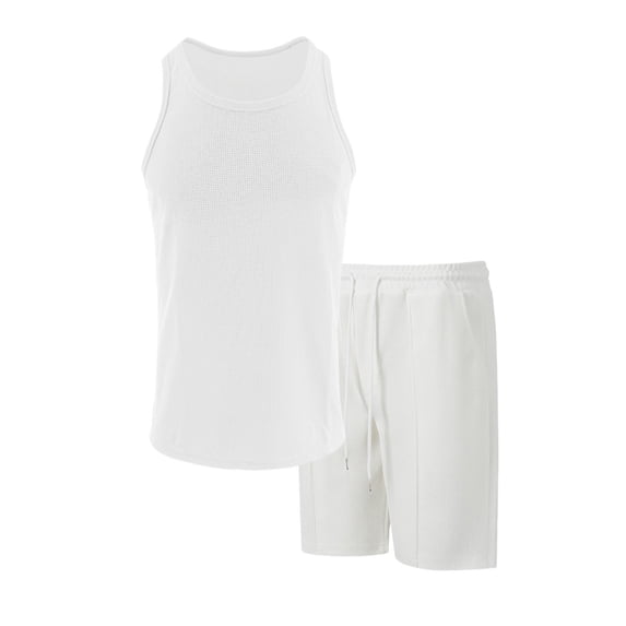 Stamzod Plus Size Track Suit with Pocket 2 Piece Summer Solid Color Crew Neck Sleeveless Tank Tops and Shorts Loungewear Casual Loose Fit Sweatsuits for Men White XXXL