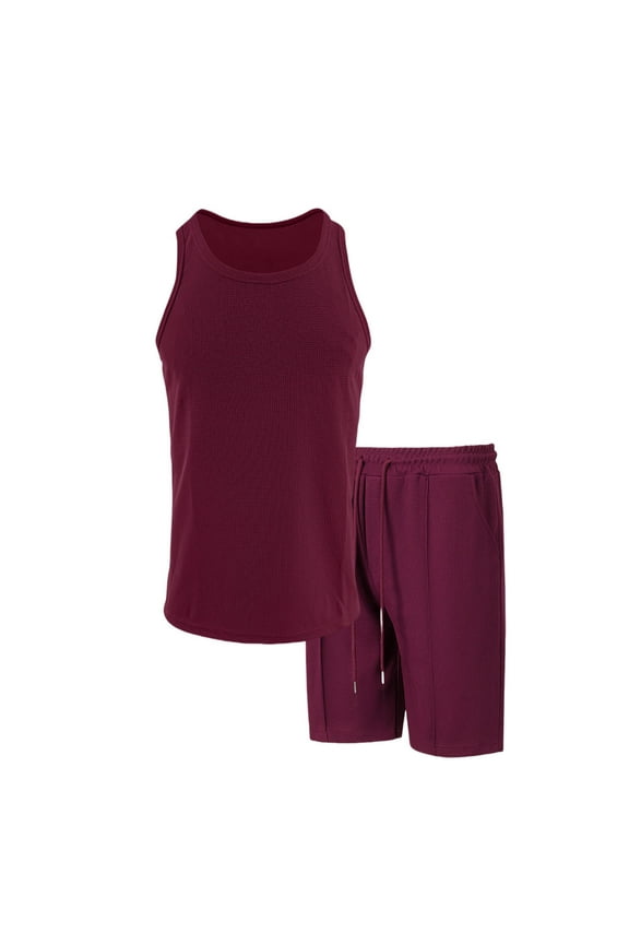 Plus Size Track Suit with Pocket 2 Piece Summer Solid Color Crew Neck Sleeveless Tank Tops and Shorts Loungewear Casual Loose Fit Sweatsuits for Men Wine S