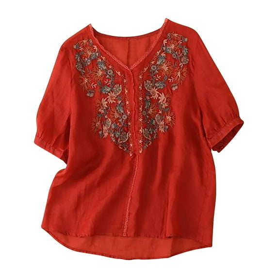 Stamzod Spring Tops for Women Fashion Floral Printing V Neck Cotton and Linen Blouses Summer Short Sleeve Vintage Embroidered Top Casual Loose Plus Size Shirts Red XL