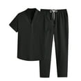 thumbnail image 1 of Stamzod Summer 2 Piece Set for Men Solid Color V Neck Short Sleeve Basic Tee Tops and Pants with Pocket Casual Loose Vacation Beach Sweatsuits for Men Black XXL, 1 of 7