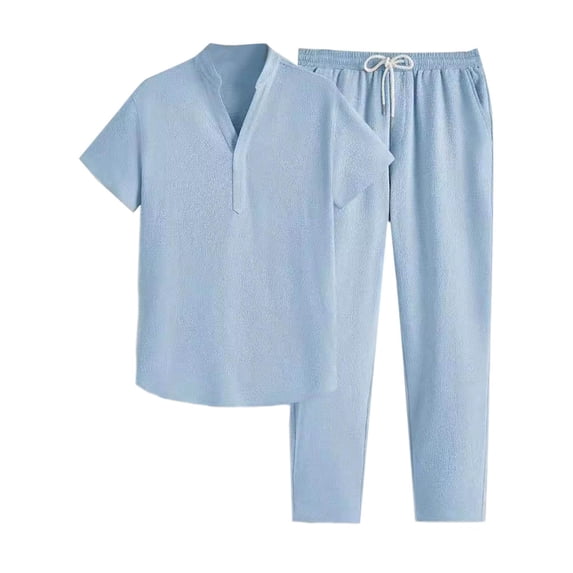Stamzod Summer 2 Piece Set for Men Solid Color V Neck Short Sleeve Basic Tee Tops and Pants with Pocket Casual Loose Vacation Beach Sweatsuits for Men Sky Blue XXL