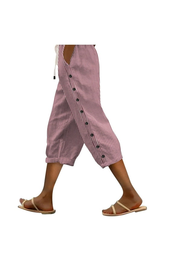 Summer Capri Pants for Women Fashion Strip Printing Drawstring Capris with Pocket Casual Loose Plus Size Pants for Women Pink XL