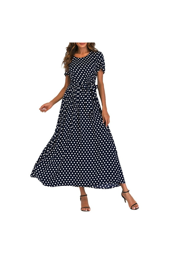 Summer Dresses for Women 2024 Short Sleeve Bow Belt Empire Waist Dress for Women Vintage Printed Ladies Elegant Party Dress