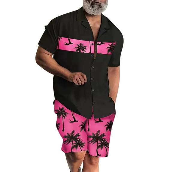 Stamzod Summer Outfits for Men 2 Piece Fashion Short Sleeve Hawaiian Shirt and Shorts Set Casual Loose Vacation Beach Sweatsuits for Men with Pocket Hot Pink M