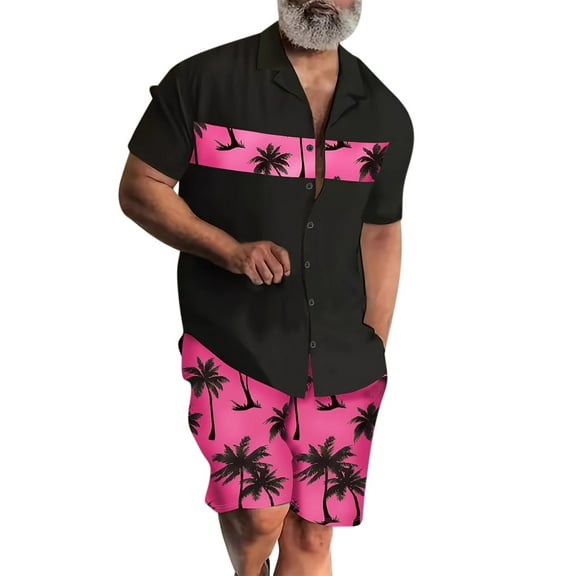 Stamzod Summer Outfits for Men 2 Piece Fashion Short Sleeve Hawaiian Shirt and Shorts Set Casual Loose Vacation Beach Sweatsuits for Men with Pocket Hot Pink M
