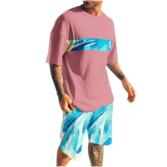 Stamzod Summer Outfits for Men 2 Piece Plus Size Short Sleeve Hawaiian Shirts and Shorts Set Casual Loose Beach Vacation Track Suits Mens Short Sets Outfits Pink H XXXL