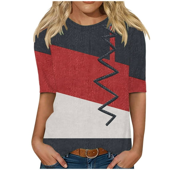 Stamzod Summer Tshirts Shirts for Women Fashion Patchwork Crewneck Half Sleeve Graphic Tee Shirts Daily Casual Loose Plus Size Tops for Women Red XXXL