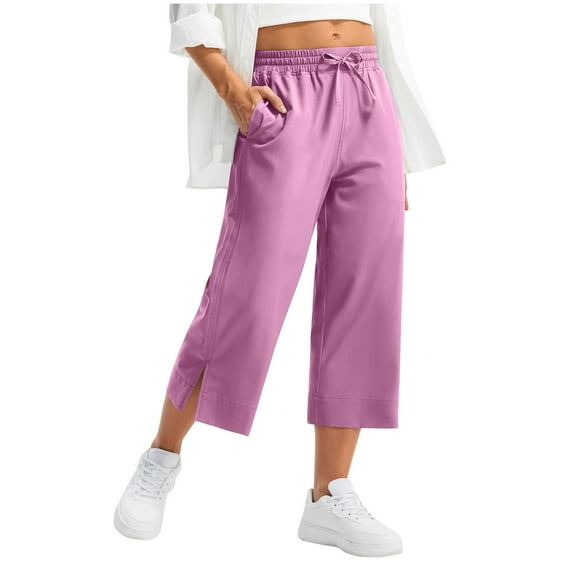 Stamzod Summer Wide Leg Cropped Pants for Women Solid Color Elastic Waist Capris Daily Casual Loose Hiking Capri Pants for Women with Pocket Pink M