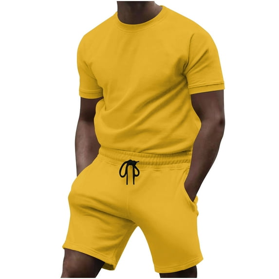 Stamzod Sweat Suits Men 2 Piece Summer Solid Color Crew Neck Tshirt and Stretch Waist Shorts Set Casual Activewear Plus Size Loose Workout Track Suit with Pocket Yellow L