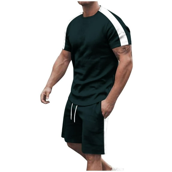 Stamzod Sweat Suits Men Summer Outfits 2 Piece Crew Neck Short Sleeve Pullover Shirt and Shorts Loungewear Casual Running Track Suit with Pocket Army Green XXXL
