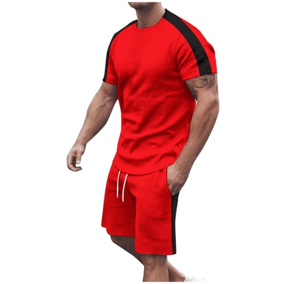 Stamzod Sweat Suits Men Summer Outfits 2 Piece Crew Neck Short Sleeve Pullover Shirt and Shorts Loungewear Casual Running Workout Track Suit with Pocket Red S
