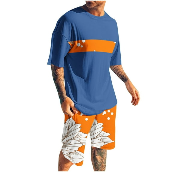 Stamzod Track Suits Mens Hawaiian 2 Piece Outfits Summer Cerw Neck Short Sleeve T-Shirts and Shorts Loungewear Casual Plus Size Beach Vacation Sweatsuits for Men Blue F M