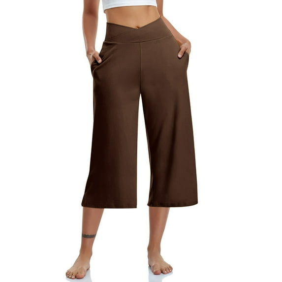Stamzod Wide Leg Pants Woman Clothing Solid Color High Waist Capri Pants with Pocket Casual Loose Oversized Yoga Pants for Women Brown XXL