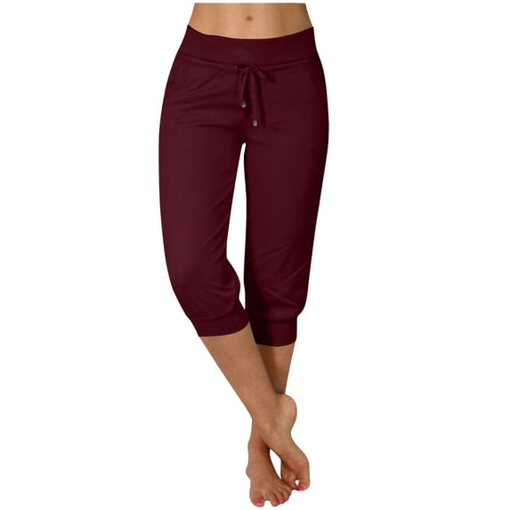 Stamzod Women Capri Pants with Drawstring Casual Solid Color Elastic Waist Cropped Pants Summer Pants for Women Wine XL