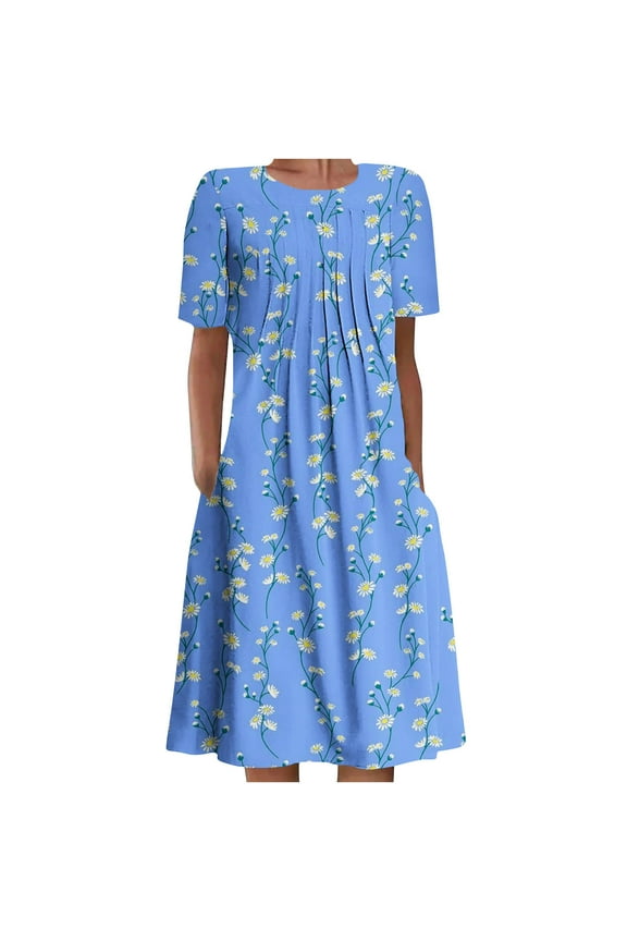 Women Summer Dresses Short Sleeve Casual Loose Midi Dress Ditsy Floral Print Beach Swings Midi Sundress with Pockets