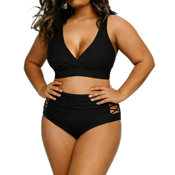 Stamzod Women Two Piece Swimsuit High Waisted Bandage Bikini Solid Color Sexy Off Shoulder Ruffle Bathing Suits Plus Size Black-2 XXL